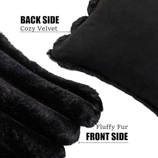 Neelvin Black Faux Fur Cozy Soft Striped Decorative Throw Pillow Covers 12x20 inch Set of 2,Velvet Pillowcase Cushion Case for Sofa Couch