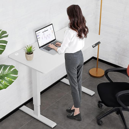 farexon Electric Standing Desk Adjustable Height, 48x24 Inches Stand Up Desk with 4 Preset Heights, Lockable Casters, Double Hooks,27.5''-46.5'' Lifting Range Home Office Computer Desk(White)
