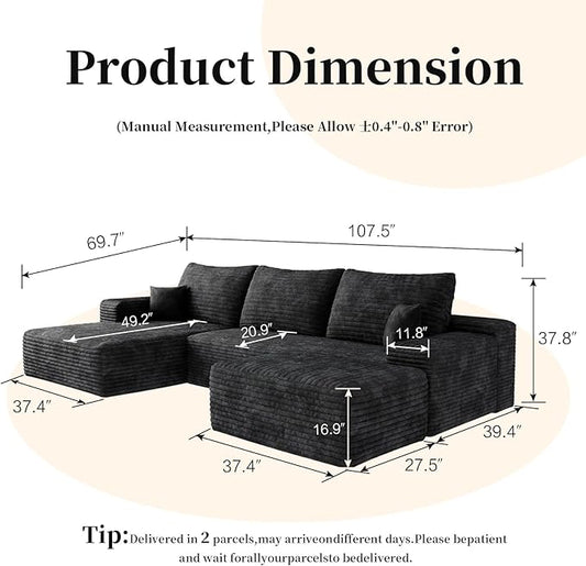 107.5" Compressed Boneless Couch with Ottoman, 2 Seater Large U Shaped Sectional Couches for Living Room, Black Corduroy Cloud Modular Sectional Sofa, Memory Foam, No Assembly,Light Facing Chaise
