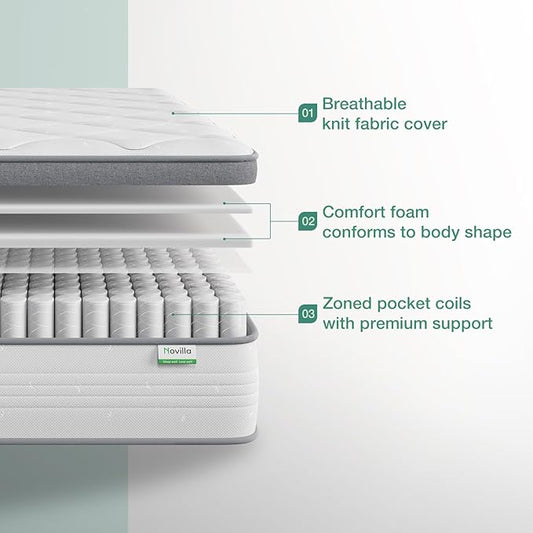 Novilla Queen Size Mattress, 10 Inch Queen Hybrid Mattress in a Box, Pocket Innerspring Mattresses for Motion Isolation, Pressure Relief, Sopportive & Firm Feel