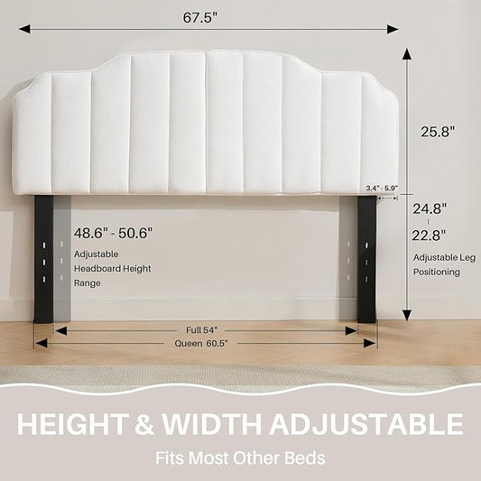 Queen Size Headboard White Upholstered Headboard Adjustable Height&Width Velvet Headboards Modern Vertical Channel Design Bed Head Board, White