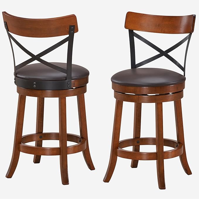 COSTWAY Bar Stool Set of 2, 360-Degree Swivel Solid Wood Stools with Soft Cushion & Backrest, 25”Height Kitchen Counter Bar Stools for Kitchen Island, Pub, and Restaurant (2, 25 inch)