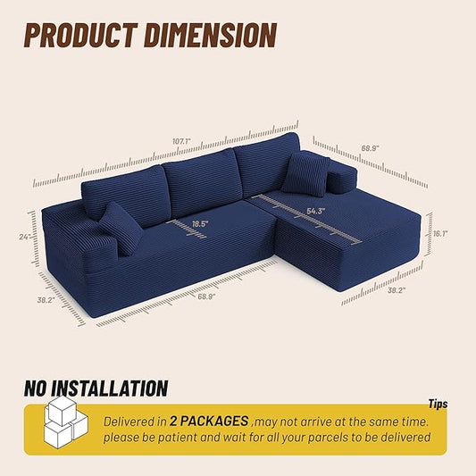 107" Boneless Couch with Deep Seat, Modular Sectional Sofa, Cloud Sectional Couch for Living Room, No Assembly Required, Corduroy, L-Shape Right,Blue