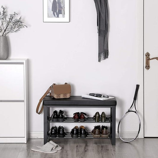 SONGMICS Shoe Bench, 3-Tier Shoe Rack for Entryway, Storage Organizer with Foam Padded Seat, Faux Leather, Metal Frame, for Living Room, Hallway, 12.2 x 31.9 x 19.3 Inches, Black ULBS58H