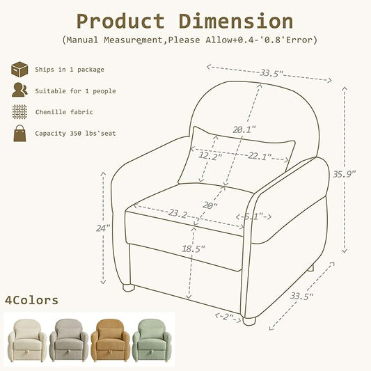 33.5" Mordern Accent Chairs,Reading Chair with Storage,Single Sofa in Chenille Fabric for Living Room, Bedroom and Compact Spaces. (Grey)