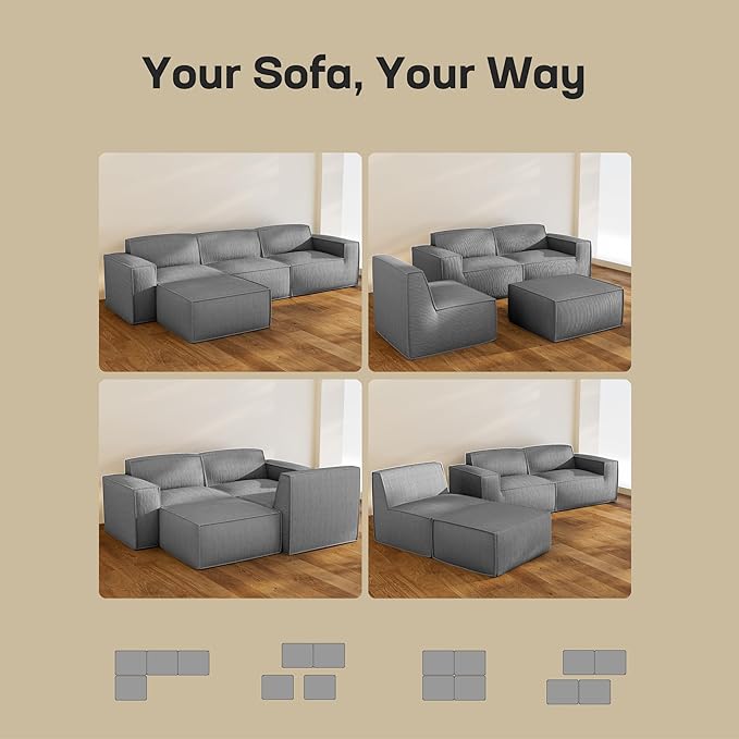 Marsail Modular Sectional Sofa, 111" L-Shaped Modular Sectional Couch with Deep Seat, Freely Combinable Sectional Clound Sofa for Living Room, No Assembly, Plush Corduroy Fabric, Grey