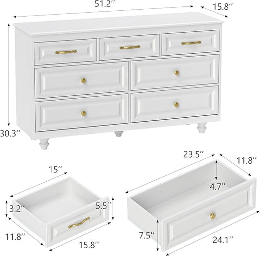 Farmhouse Dresser for Bedroom, 51'' Wide Rustic chests of Drawers with Natural Texture, 7 Drawers Dresser Vintage Design, Storage Dressers Organizer, White