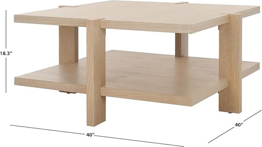 SAFAVIEH Couture Collection Quigley Natural Oak Brown 2-Tier Square Coffee Table, Ideal for Living Room, Office, Bedroom