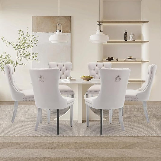 Velvet Upholstered Dining Chairs Set of 8, Modern Style Kitchen Side Chairs with Nailhead Trim and Silver Plated Leg, Metal Pulling Ring for Dining Room Living Room(Creamy White)