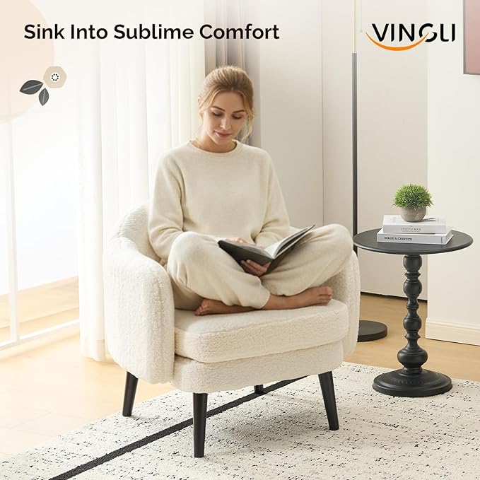 VINGLI 30.3" Wide Modern Barrel Accent Armchairs Set of 2 with Track Armrest, Solid Wooden Legs, Comfy Upholstered Club Chairs, Single Home Sofa for Living Room, Bedroom, Reading,Teddy Fleece White