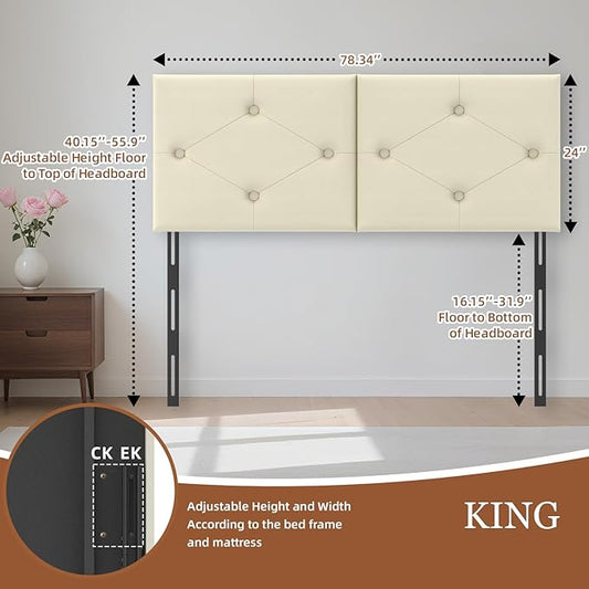 King Size Headboard Only, Faux Leather Headboard with Solid Wood & Sturdy Metal Legs, Adjustable Height Bed Headboards King Tufted Upholstered in Modern Button Design, Beige