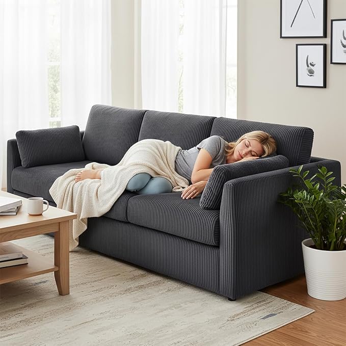 3 Seater Couches for Living Room, 79" Modern Corduroy Sofa with 2 Pillows and Storage Pockets, Small Couches for Apartment, Small Spaces, Home Office, Grey