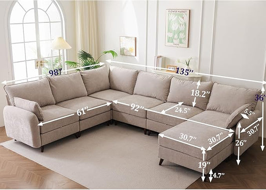135'' Modular Sectional Sofa with Storage Seat,Oversized U Shaped Couch with Ottoman,7 Seater Couches for Living Room,Bedroom,Velet,Khaki