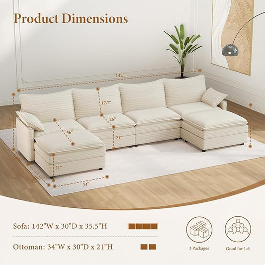 Vesgantti 142" U Shaped Sectional Couch, Comfy Cloud Modular Sectional Sofa with 2 Ottoman Deep Seat Corduroy Modern Cloud Sofa, Modular Sofas for Living Room, Bedroom and Apartment, Beige