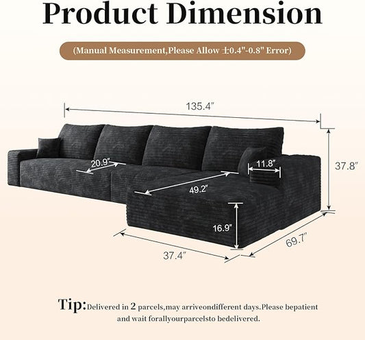 135.4" Large Cloud Modular Sectional Sofa with L-Shape Chaise, Deep Seat Upholstered Couches for Living Room,No Assembly Required, Corduroy Pet-Friendly Fabric (Black, Right Facing Chaise)