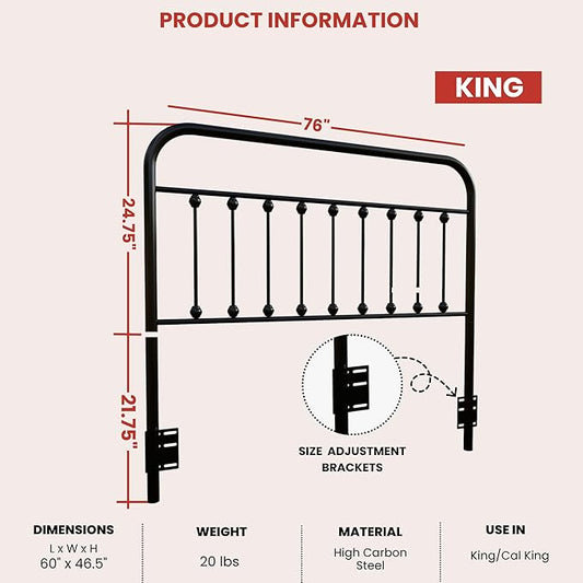 Vintage Metal Headboards, Adjustable Height Iron Frame, Farmhouse Rustic Style, Elegant and Durable Design, Easy Assembly, Universal Fit for Kids & Adults, King Size, Black Finish