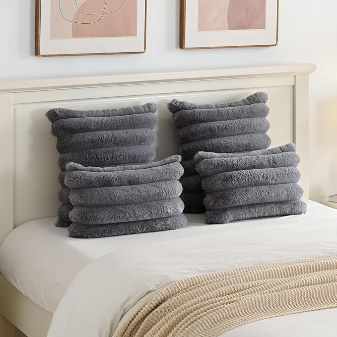 FUTEI Grey Decorative Throw Pillow Covers 20x20 Inch Set of 2, Square Soft Faux Rabbit Fur Thick Striped Cushion Cover,Winter Home Decor for Couch Bed Living Room