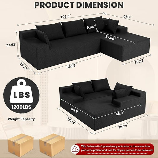 LEVELEVE 107" Cloud Sectional Couch with Deep Seat,Modern Modular Sofa with L-Shape Chaise,No Assembly Required, Upholstered Couches for Living Room Bedroom(Black,Right Facing Chaise)