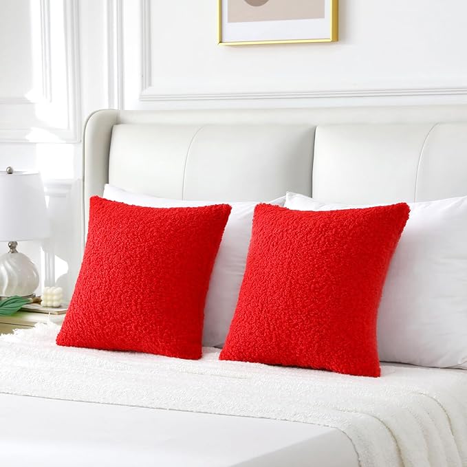 FUTEI Christmas Red Throw Pillow Covers 16x16 Inch Set of 2,Furry Faux Fur Teddy Boucle Textured Cushion Covers,Soft Fluffy Decorative Pillow Case,Home Decor for Couch Bed Living Room Office Car