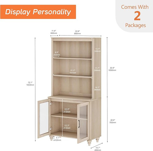 WAMPAT 5 Tier Bookshelf 72" Tall Bookcase with Glass Doors,Large Farmhouse Display Book Shelf with Adjustable Shelves and Storage Cabinet,Library Wood Bookshelves for Living Room,Kitchen, Light Oak