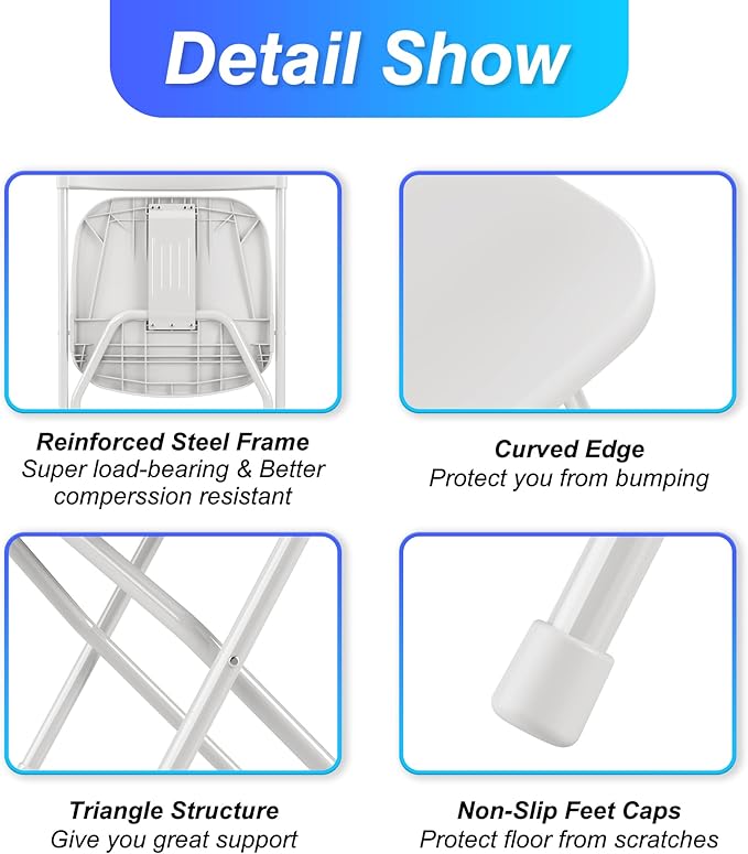 Allpop 4 Pack Plastic Folding Chair, 300lb Capacity, Portable Commercial Chair with Steel Frame for Home Office Wedding Party Indoor Outdoor Events, Stackable, White