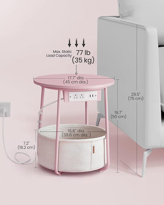 VASAGLE LILEA Collection - Side Table with Charging Station, Round End Table with Fabric Basket, Nightstand with USB Ports, for Living Room, Bedroom, Modern, Jelly Pink and Cream White ULET228R01