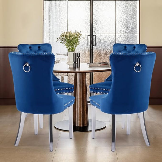 Velvet Upholstered Dining Chairs Set of 4, Modern Style Kitchen Side Chairs with Nailhead Trim and Silver Plated Leg, Metal Pulling Ring for Dining Room Living Room