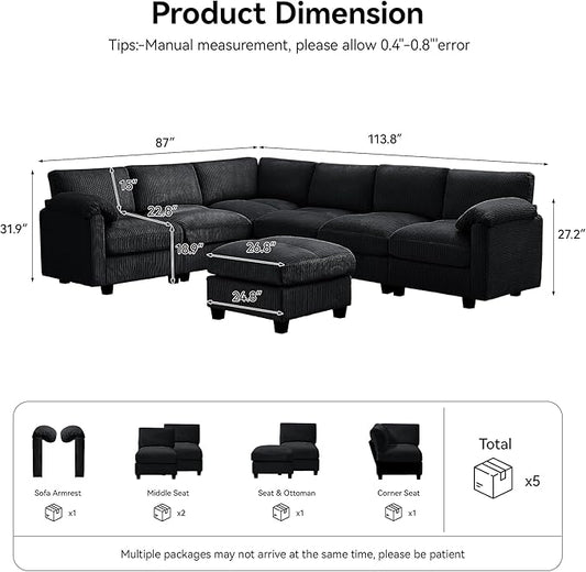 114'' V-Shaped Sectional Cloud Couch with Ottoman, 7-Seater Modular Couches for Living Room, Corduroy Oversized Deep Seat Sofa with Center Stitched, Black