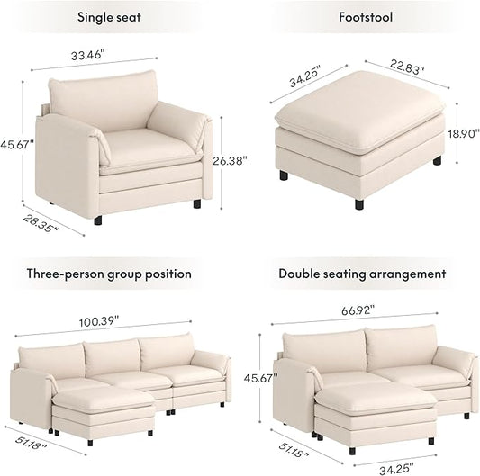 FLEXISPOT SF6 Modular Sectional Sofa with Storage Ottoman, 3-Seater L-Shaped Cloud Sectional Couch, 100.4" Wide Comfy Upholstered Sofa Couch for Living Room Apartment, Chenille White