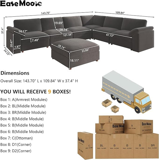 EASE MOOSE Oversized Sectional Modular Sofa,Large L Shape Sectional Couch Wide Deep Seat Modular Cloud Couch,Removable Cover