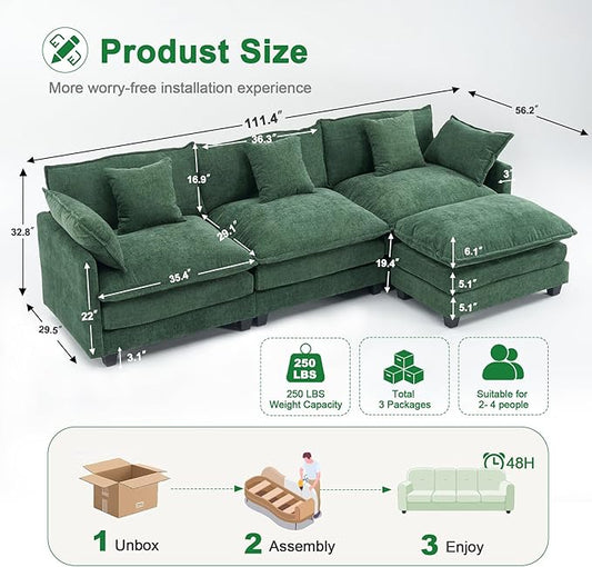 111.4" Cloud L Shaped Sectional Couch with Ottoman|Modular Chenille Sofa with 29.1" Deep Seat|FSC Solid Wood Frame|Easy Assembly & 1YR Guarantee|for Living Room Bedroom Apartment