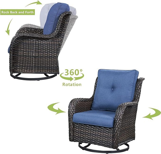 HUMMUH Patio Furniture with Fire Pit 4-Piece Wicker Outdoor Sectional Couch with Swivel Rocking Chairs, Propane Fire Pit Conversation Set for Garden, Backyard, Deck