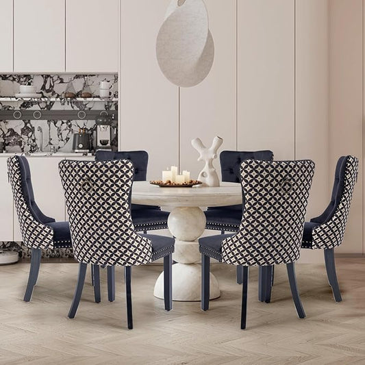 Velvet Upholstered Dining Chairs Set of 8, Modern Style Kitchen Side Chairs with Nailhead Trim and Wood Legs,Metal Pulling Ring for Dining Room Living Room(Quadrangular Star&Black)
