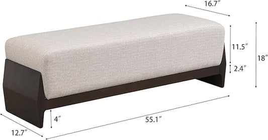 Christopher Knight Home Kingen 55'' Linen Fabric Upholstered End of Bed Ottoman, Wooden Living Room Ottoman Bench with Thick Soft Cushions, Long Entryway Bench, Long Seating for Bedroom, Brown + White