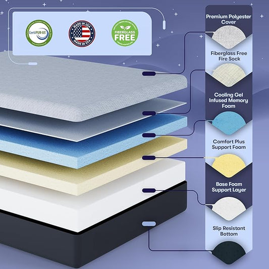Celestial Sleep Gel Memory Foam Mattress in a Box, Made in The USA, CertiPUR-US® Certified Foam, Oeko-Tex, and Fiberglass-Free Certified Bed, 12 inch Soft - TwinXL