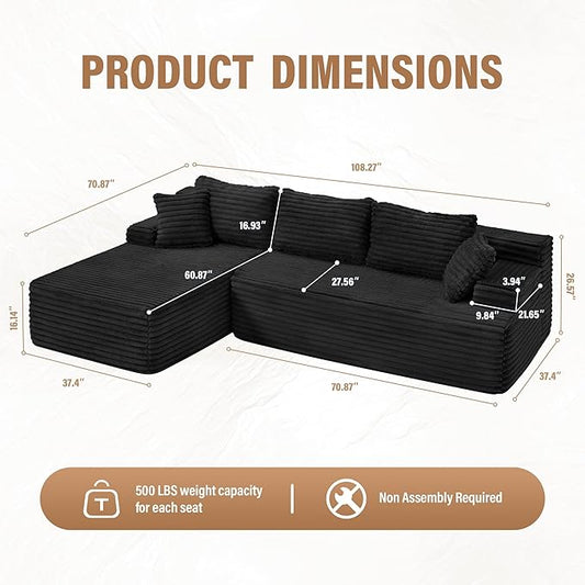Hobestluk Modular Sectional Couch Sofa, 108" Boneless Couches for Living Room, Memory Foam Sectional Couch with Oversized Chaise,L-Shape Couches (Black, Left Facing)