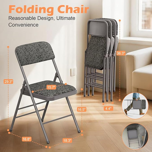 Commercial Grade Folding Chair with Padded Fabric Cushion(16"X16" |Double-hinged Legs Luxury Style|4.5kg Capacity Max Weight 150Kg for Home and Office,Indoor and Outdoor Events (2, Fabric-Grey)