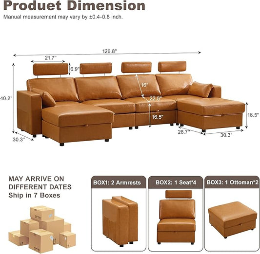 126.8" Modular Sectional Storage Sofa, Oversized Faux Leather U Shaped Couch with 2 Ottoman, Cloud Couch with Headrest & Side Pockets, Sectional Sofas for Living Room Apartment Small Spaces, Brown