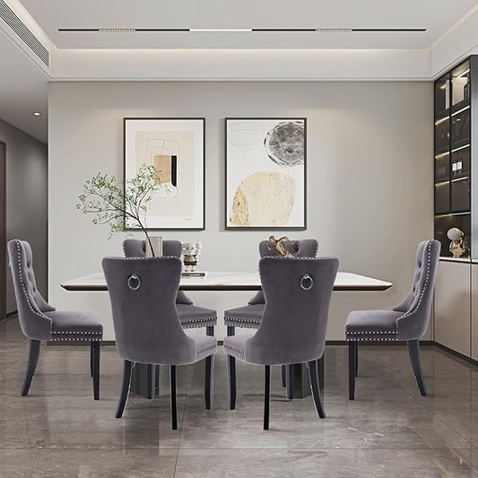 Velvet Upholstered Dining Chairs Set of 8, Modern Style Kitchen Side Chairs with Nailhead Trim and Wood Legs,Metal Pulling Ring for Dining Room Living Room(Grey)