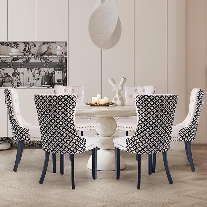 Velvet Upholstered Dining Chairs Set of 8, Modern Style Kitchen Side Chairs with Nailhead Trim and Wood Legs,Metal Pulling Ring for Dining Room Living Room(Quadrangular Star&Beige)