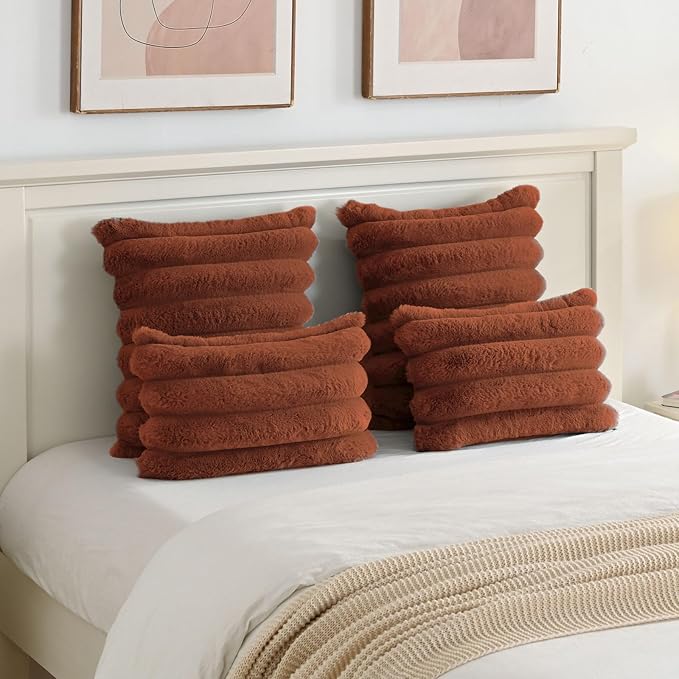 FUTEI Rust Decorative Throw Pillow Covers 16x16 Inch Set of 2, Square Soft Faux Rabbit Fur Big Striped Cushion Cover,Home Decor for Couch Sofa Bed Living Room