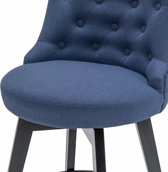 MINCETA Set of 4 Upholstered Bar Stools - 26 Inch Swivel Counter Height Stools with Low Tufted Back, Footrest & Performance Fabric - Round Seat for Kitchen Island & Home Bar Blue