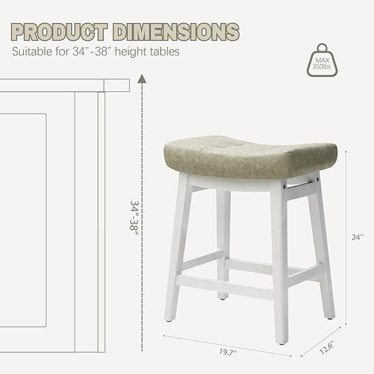 Counter Height Bar Stools Set of 6 for Kitchen Counter Farmhouse Modern Barstools with Faux Leather Upholstered Backless Seat and Solid Wood Legs 24 inch Bar Chairs, Light Grey + White
