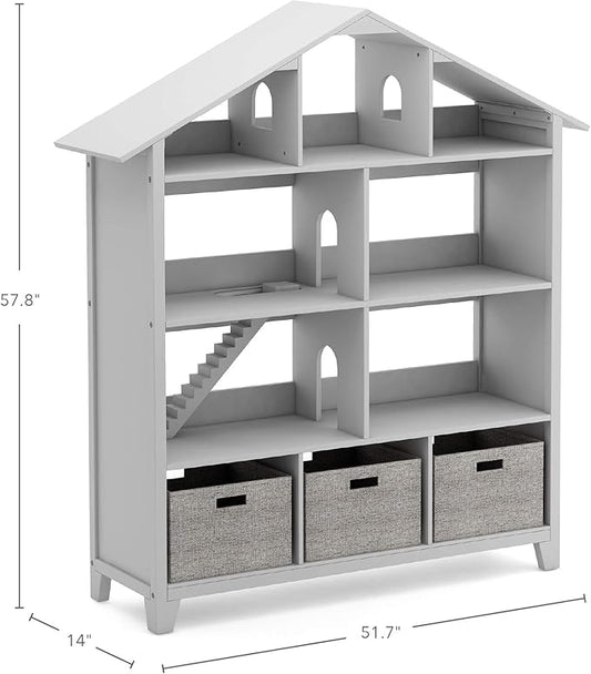 Martha Stewart Kids' Deluxe Dollhouse Bookcase - Gray: Kids Wooden Bookshelf and Tall Book Shelf Organizer with Toy Storage | Toddler Book Rack | Dollhouse Bookshelf | Playroom or Bedroom Storage