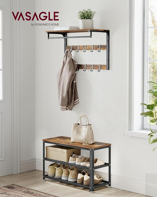 VASAGLE 3-Tier Shoe Rack, Shelf Storage Bench with Metal Mesh Shelves and Seat, Free Standing Shoe Organizer for Entryway, 11.8 x 28.7 x 17.7 Inches, Rustic Brown and Black ULBS73X