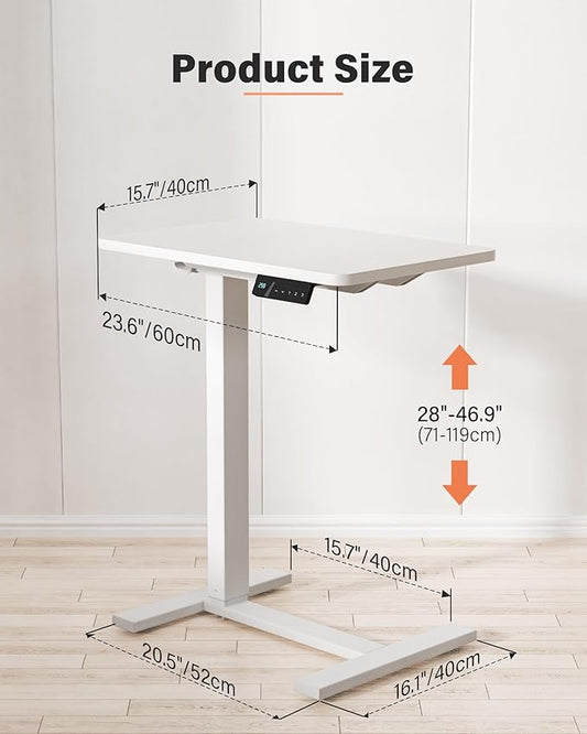 FiCiHi Small Electric Standing Desk - Adjustable Height Bedside Laptop Table with Wheels, Mobile, Portable Rolling Computer Workstation Sit Stand Table for Home Office, Sofa, Couch Use (24x16, White)