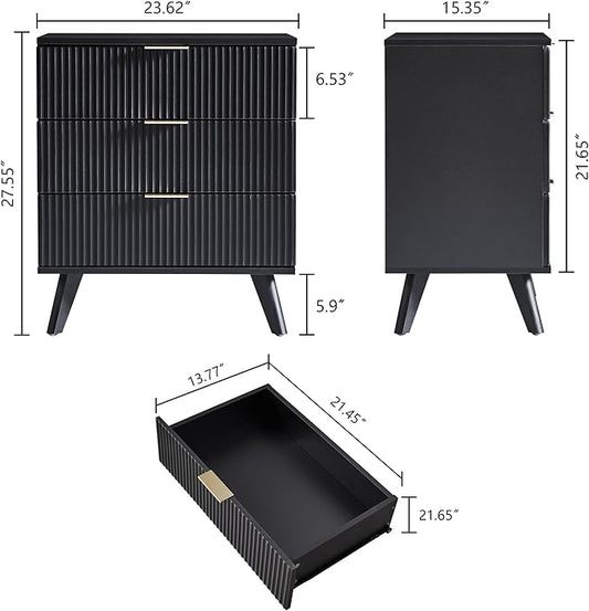 Fluted 3 Drawer Dressers, Modern Closet Dressers Chest of Drawers, Wood Storage Dresser Chest of Drawers Organizer for Bedroom Living Room Hallway Closet,Black, 2 Sets