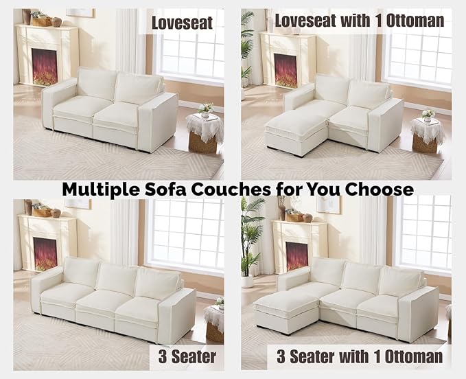 EALSON 119" Modular Sectional Sofa Comfy Cloud Couch with Ottoman Modern Convertible L Shape Couches with Wooden Legs Linen Deep Seat Couch 4-Seater Sofa with Ottoman for Living Room/Apartment,White