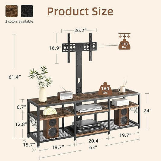 VECELO 63" TV Stand with Mount and Power Outlets, Entertainment Center Console with Open Storage Shelves, Height Adjustable Mount up to 75”, Wooden Table and Metal Frame for Living Room, Rustic Brown