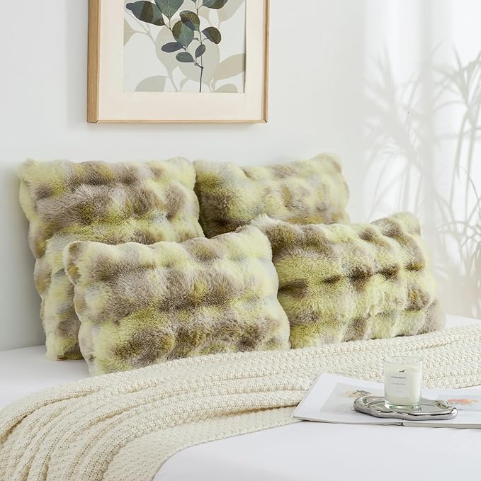 FUTEI Green White Decorative Throw Pillow Covers 12x20 Inch Set of 2,Soft Fuzzy Faux Rabbit Fur Pillow Case with Raised Texture,Neutral Boho Home Decor for Couch Bed Living Room